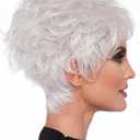 Pixie Cut Silver Wig, Slanted Bangs, Short Curly Hair, Fluffy White Wig, Middle-Aged and Elderly Women's Natural Hair for Daily Use