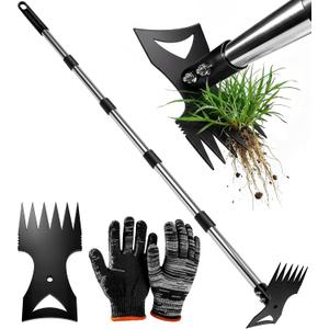 71in Weed Puller Tool with Long Handle, 2 in 1 Adjustable Manual Weeders for Uprooting, Heavy Duty Hand Weed Rake and Garden Hoe with Gloves for Gardens, Lawns, Yards