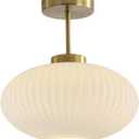 KCO Lighting White Ribbed Glass Semi Flush Mount Ceiling Light Large Milk Glass Ceiling Lights Fixture Brushed Gold Flush Mount Bathroom Light Mid Century Modern Entry Lights