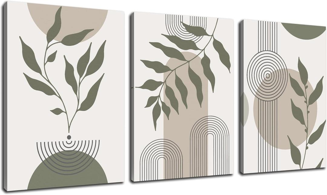 Boho Canvas Wall Art for Bathroom Green Bohemian Wall Decor for Bedroom Living Room Modern Home Office Decor Ready to Hang 12 x 17.5 Inch 3 Panels