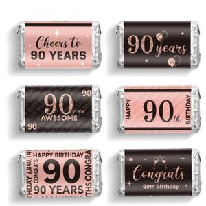 Tenare 90 Pcs 90th Birthday Candy Bar Wrappers Black and Pink Stickers Chocolate Decoration Label Mini Candy Label Stickers for Women Anniversary Birthday Party Supplies