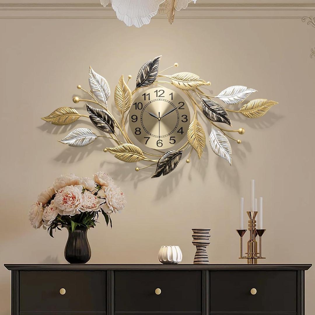Gold Wall Clock, Quartz Silent Movement, Abstract 3D Metal Wall Art Decor, Large