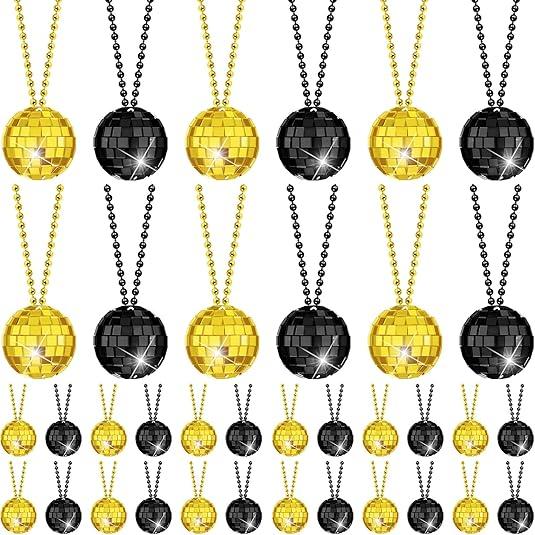 Junkin 48 Pieces Silver Disco Necklaces Bulk Disco Mirror Ball Decoration New Year 70s Party Favors Mini Balls Decoration, 1.57 Inch Stage Props Accessories