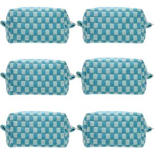 PAZIMIIK Checkered Makeup Bag for Purse Portable Zipper Make Up Pouch Small Cosmetic Case for Travel Accessories (6PCS Lake Blue)