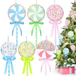 6 Pcs Pastel Lollipop Candy Land Christmas Ornaments Set, Assorted Cute Macaron Color Flat Lollipop Dessert Hanging Pendant Decorations for Xmas Tree, Kids Birthday Party, Home Holiday Decor Supplies