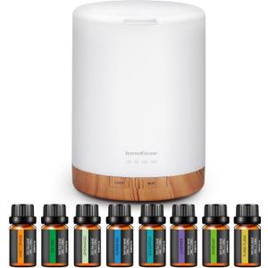 InnoGear Aromatherapy Diffuser & 8 Essential Oils Set, 300ml Premium 5-in-1 Ultrasonic Essential Oil Diffusers Scent Humidifier Aroma Diffuser Vaporizer Auto-Off Timer for Room Office Home, Yellow (Medium, White With Yellow Base)
