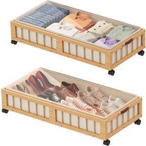 efluky 2-Pack Bamboo Under Bed Storage with Wheels, Rolling UnderBed Storage Basket with Large Dust Bag, Under Bed Storage Containers for Bedroom, Dorm and Basement, Nature (30.71''L x 16.54''W x 7.5''H)