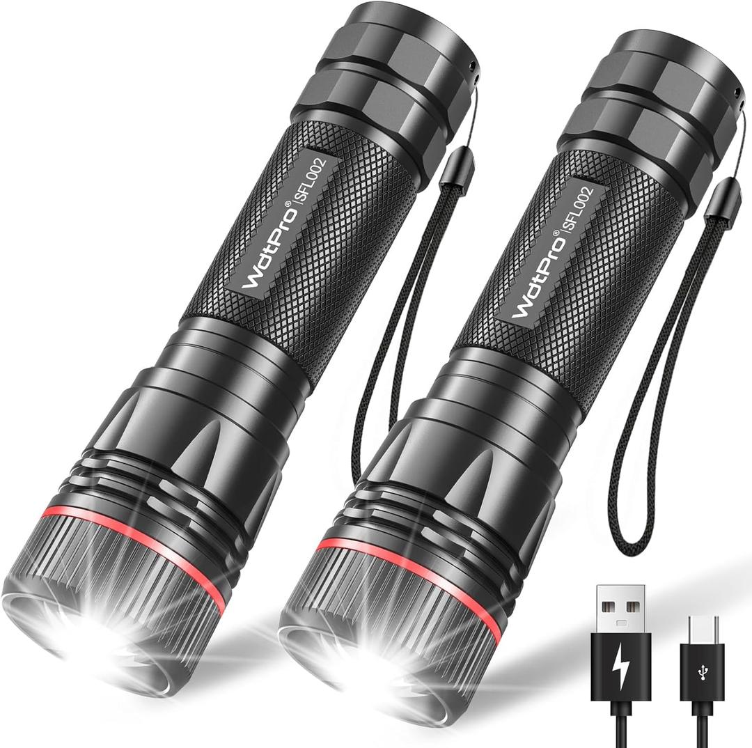 WdtPro Rechargeable Flashlights High Lumens, 2 Pack 10H Long Lasting Super Bright EDC Flashlight, LED Mini Tactical Flash Lights for Camping Emergency, Drop & Water Resistant (Battery Included) (Black)