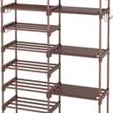 ROJASOP Shoe Rack Organizer, 8-Tier Metal Shoe Rack for Closet Entryway Garage, 26-32 Pairs Tall Shoe Boot Storage Shelf with 15 Hooks, Stackable Large Shoe Stand, Brown