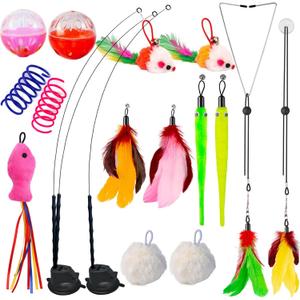 22Pcs 5-in-1 Cat Toys Interactive Cat Toy for Indoor Cats with Sticky Super Suction Cup Detachable Replacements Feathers Balls Mice Spring 3 Wand Hanging Door Kitten Toys