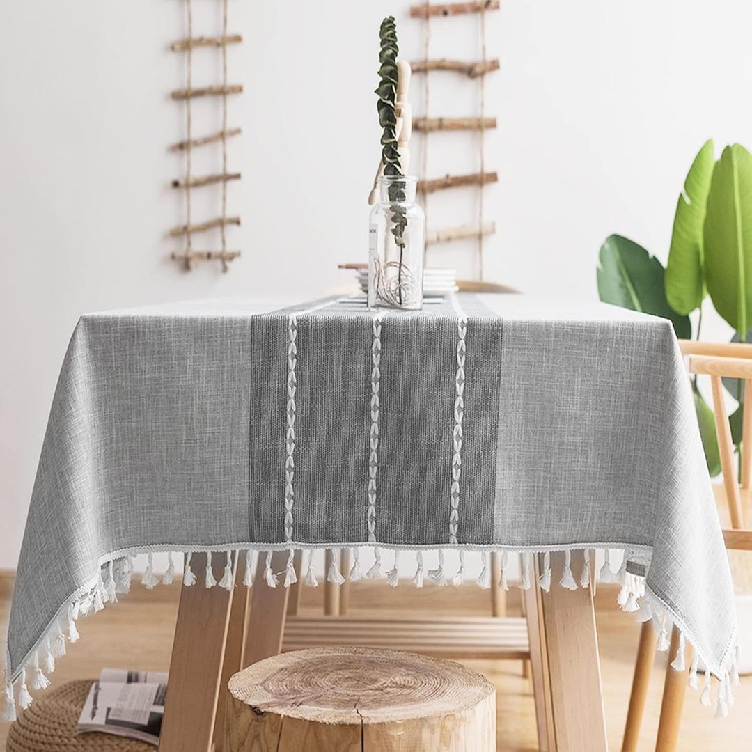 Oubonun Cotton Linen Rectangular Tablecloth - Wrinkle Resistant & Waterproof - Machine Washable Table Cloth with Tassels for Kitchen & Dining, 55''x86'', 6-8 Seats (Grey Stripe)