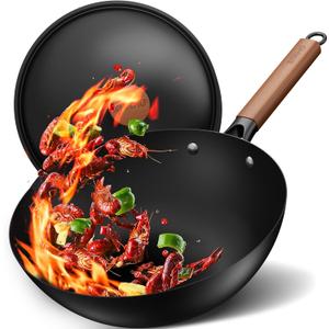 Sanho 12.6"/32cm Carbon Steel Wok Pan, 5QT Nonstick Wok with Lid, No Seasoning Required & 0 Coating, Compatible with All Cooktops & Utensils for Healthy Stir Frying, Frying, Boiling, Steaming
