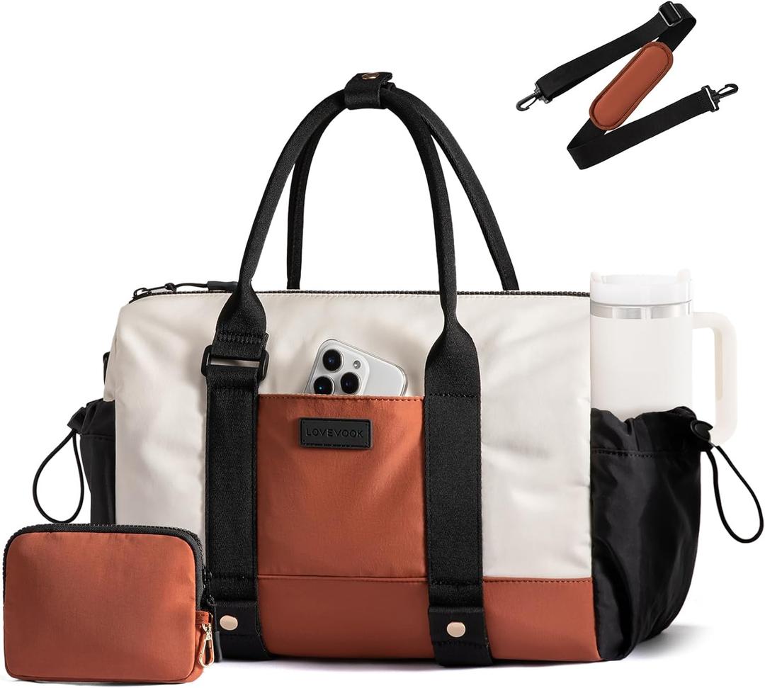 LOVEVOOK Small Gym Bag for Women with Yoga mat Holder, Mini Duffle Bag for Travel with Wet Pocket, Overnight Personal Item Bags, Lightweight Carry on Weekender Duffel for Workout, Dance, Ballet (14.5 inch-Small-2Pcs, Black-White-Brown)