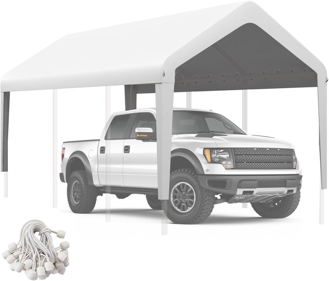 Carport Canopy 10'x20' Heavy Duty Replacement Cover, Garage Shelter Cover 800D Oxford Waterproof & UV Protected Tarp with Ball Bungees, Not Include Frame, White