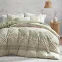Oli Anderson Boho Duvet Cover Set Queen Size, Beige and Sage Green Color Clash 3 Pieces Microfiber Bedding Set, Durable and Super Soft Duvet Covers with Zipper and Ties, 90"*90"