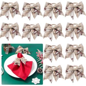 2 x APTWOW Christmas Bow Napkin Rings Set of 12 - Snowman Brown Webbing Napkin Holders, Xmas Holiday Napkin Rings for Birthday Party, Anniversary Dinner, and Wedding Table Decorations