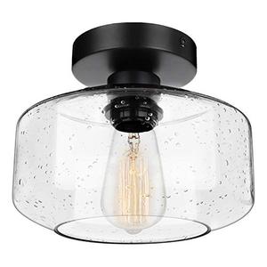 SunRider Industrial Semi-Flush Mount Ceiling Light Fixture, Modern Seeded Glass Pendant Lamp, Black Farmhouse Hanging Lighting for Bedroom Hallway