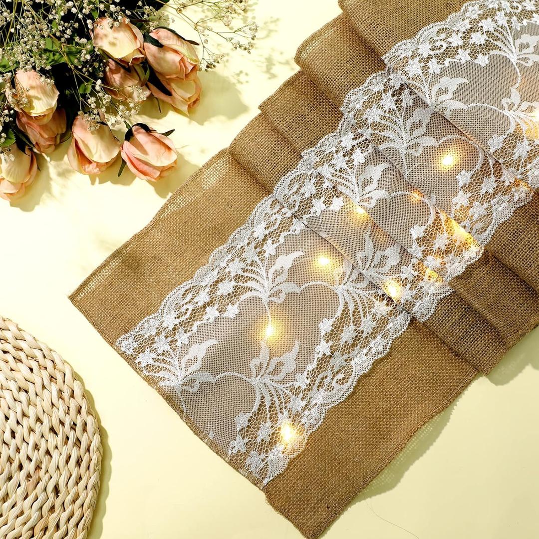 Tiamon 2 Pieces Burlap Table Runner with LED String Lights Burlap Lace Vintage Table Runner Rustic Country Thanksgiving Christmas Holiday Wedding Decoration Farmhouse Decor, 12 x 71 Inch