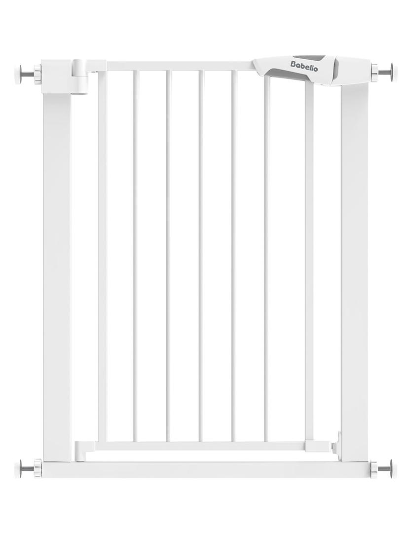 BABELIO 26-28.5 Inch Narrow Easy Install Baby Gate, 30 Inch Tall Auto-Close Metal Pet Gate for Small Stairs and Doorways, NO Drilling Pressure Mounted, NO Extensions, White