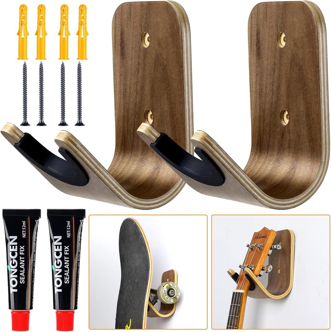Guitar Wall Mount Holder Guitar Hanger with Pick Slot Skateboard Rack Modern Design Guitar Hook Ukulele Stand Wooden Violin Display Stand with Tool for Storage Bass Acoustic Mandolin Banjo (2 Sets)
