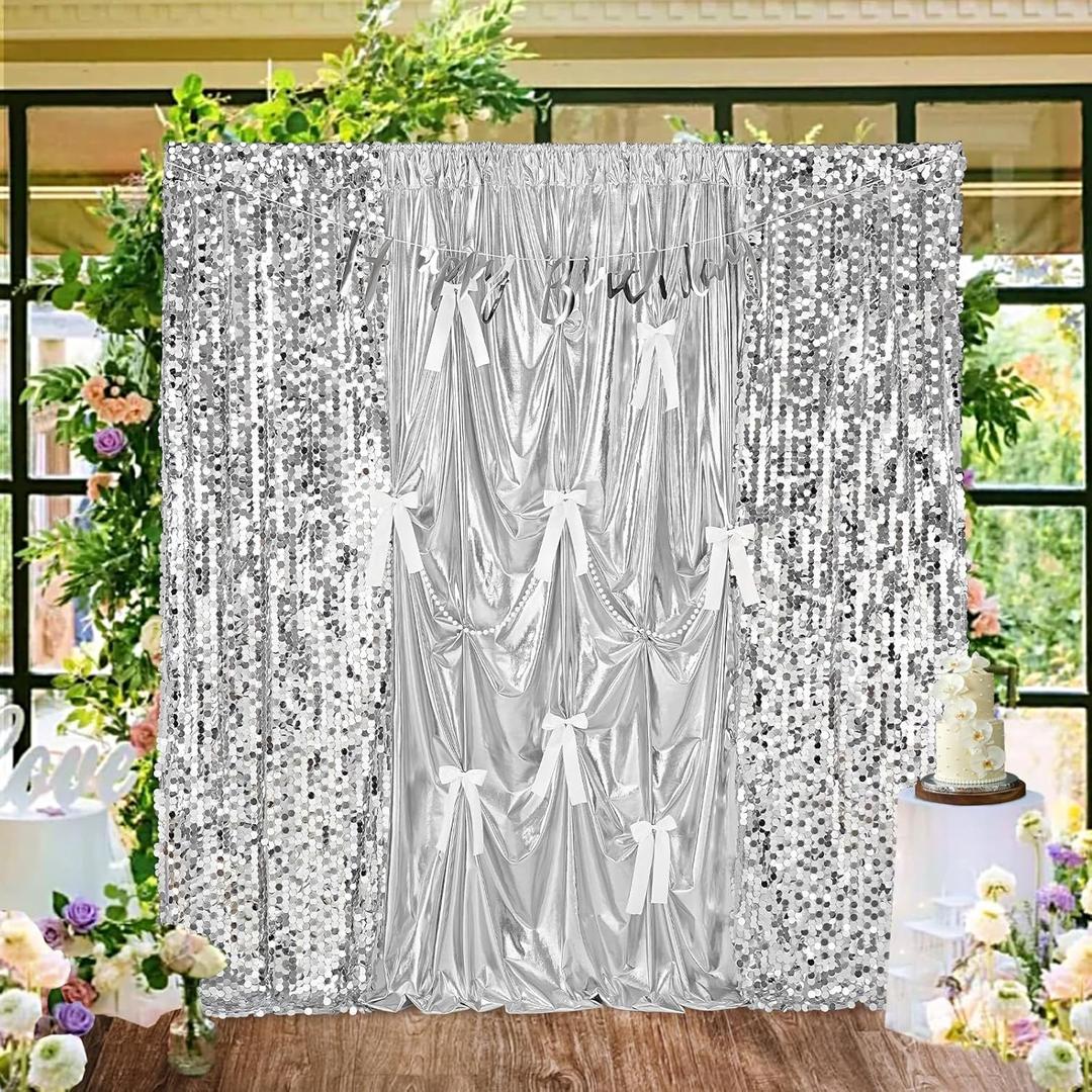Silver Sequin Backdrop Curtain Drapes - 8.8x8ft 18MM Large Sequin Curtain Backdrop Panel Glitter Photo Background for DIY Birthday Party Photography Decorations