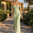 Realtix Satin Off The Shoulder Strapless Bridesmaid Maxi Dress for Women (Green, XS)