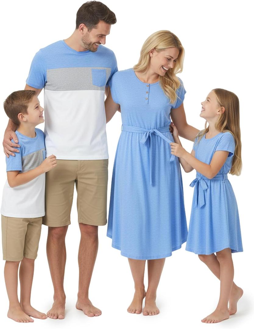 PATPAT Family Matching Outfits Short Sleeve Mommy and Me Outfits Belted Dresses and Casual T-Shirts Matching Sets 2 Packs (Blue, S)