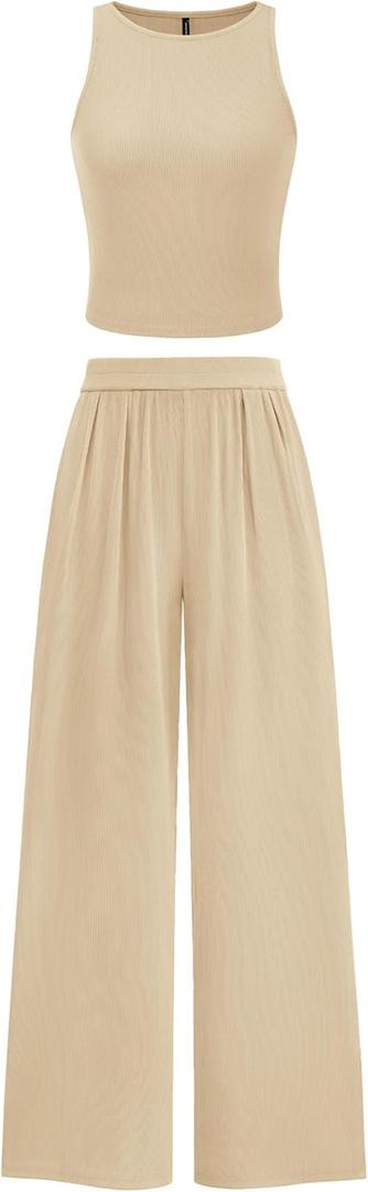 PRETTYGARDEN Spring Two Piece Sets For Women 2025 Ribbed Knit Crew Neck Sleeveless Tank Tops Wide Leg Pants Casual Lounge Set (Large, Apricot)