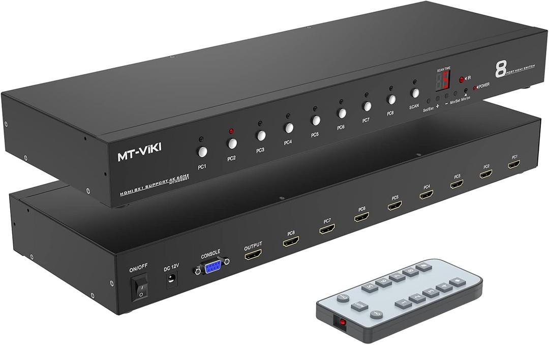 MT-VIKI Rack Mount HDMI Switch, 8 Ports HDMI Switch 8 in 1 Out 4K@60Hz (4:4:4) HDCP2.2 + Rackmount-Ears+RS232 +Auto Swtich, Auto Scan (8x1)
