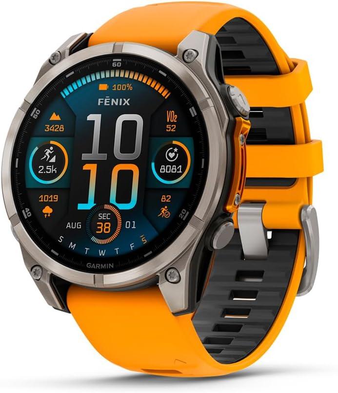 Garmin fnix 8  47 mm, AMOLED, Sapphire, Premium Multisport GPS Smartwatch, Long-Lasting Battery Life, Dive-Rated, Built-in LED Flashlight, Titanium with Spark Orange/Graphite Band