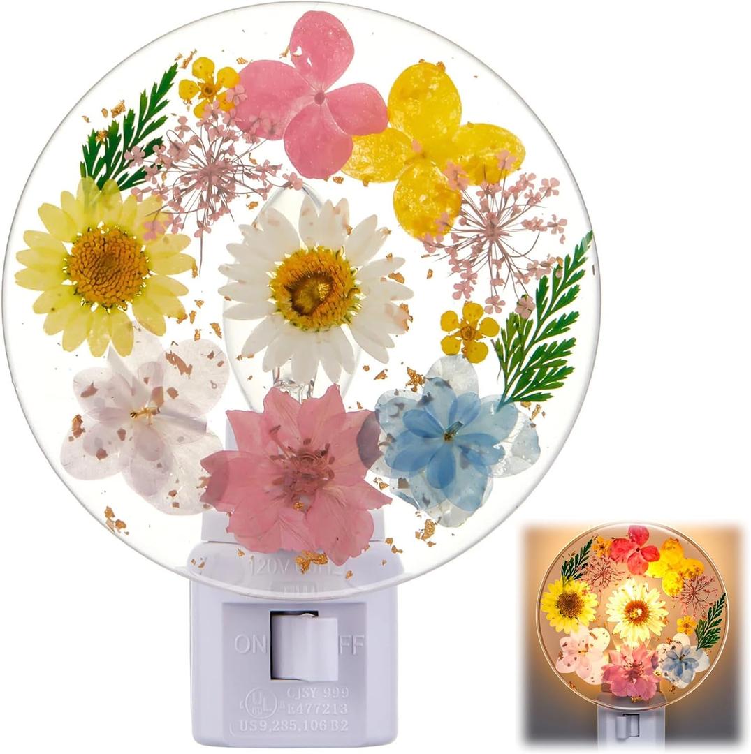 Pressed Floral Night Light Plug into Wall Decorative Flower Night Light Vintage Flower Lamp for Hallway Nursery Living Room Bedroom Bathroom Wall Decoration (Fresh Color)