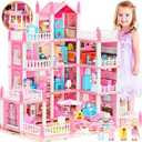 3-Story Dream Doll House with 11 Rooms and Accessories, LED Light, Dolls, Playground, Pets Playhouse Toy Gift for Girls Aged 3-13