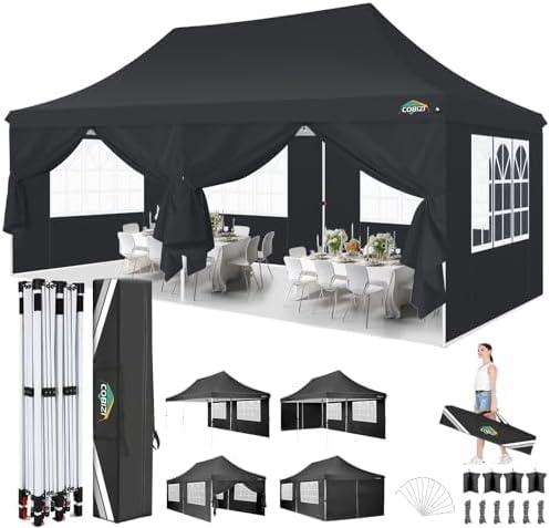 COBIZI 10x20 Pop Up Canopy with 6 Sidewalls, Conical Party Tent 10x20 with 3 Adjustable Height Waterproof, UV-Resistant with Carry Bag, Sandbag, Stake, Ropes for Parties, Commercial (Frame Upgraded) (Black)