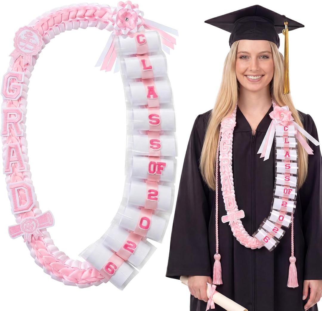 Spakon Graduation Money Lei with Cash Holder, 48 Inch Class of 2026 Graduation Lei with Honor Cord 2026 Grad Braided Ribbon Necklace for DIY Gift Women Men College Party Decorations(Pink,White)