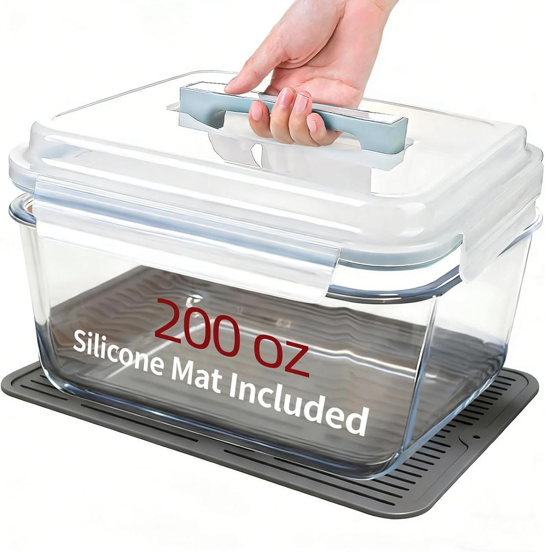 200oz/6000ml/26cup Extra Large Glass Storage Containers with Airtight Lid - Borosilicate Large Glass Food Storage for Rotisserie Chicken, Turkey - XL Big Glass Soup Bowls Freezer to Oven Safe (Light Blue Handle)