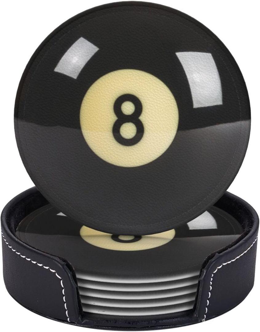 Black 8 Billiard Coasters for Drinks with Holder Round Leather Coasters Set of 6 Cups Mugs Mat Pad for Home Kitchen Bar