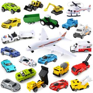 CORPER TOYS 24-Pcs Vehicles Set Toys with Airplane Jet Toy, Helicopter and Mini Cars Trucks Playset for Toddlers Kids Ages 3+ Gift for Birthday Party Favors Christmas