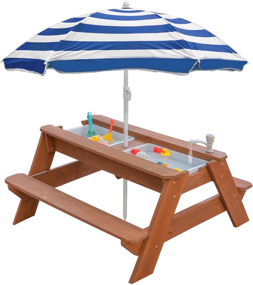 Kids 3-in-1 Sand & Water Table, Wood Outdoor Convertible Picnic Table with Umbrella, 2 Trays, Removable Top with Faucet, Picnic for Outdoor (Brown/Navy)