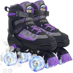 Nattork Roller Skates for Kids Boys Girls, 4 Size Adjustable Rollerskates with Light Up Wheels for Children Beginners for Outdoor Indoor (Large (3-6), Purple)