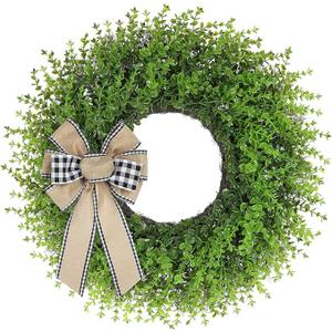 CYANBLOOM Boxwood Wreaths for Front Door: 24 Inch Large Green Wreath with Buffalo Plaid Bow - Weatherproof Year Round Hanging Outdoor Winter Spring - Christmas Holiday Decorations Gifts CYANBLOOM Boxwood Wreaths for Front Door: 24 Inch Large Green Wreath with Buffalo Plaid Bow - Weatherproof Year Round Hanging Outdoor Winter Spring - Christmas Holiday Decorations Gifts