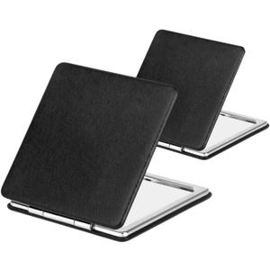 2pcs Compact Makeup Mirror for Pocket Purse Handbag, 1x/2x Magnifying Foldable Cosmetic Mirror, Portable Travel Vanity Mirror for Beauty, Black Classic Vanity Mirror for Men Women