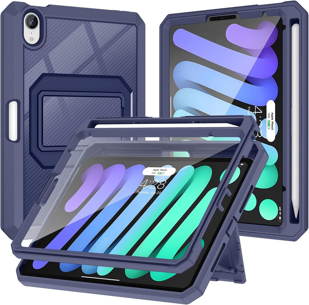 Soke for iPad Mini 6th Generation Case 2021 Released, with Built-in Screen Protector, Rugged Shockproof Full Protective Cover with Pencil Holder & Kickstand for Apple iPad Mini 6 8.3 Inch(Navy)