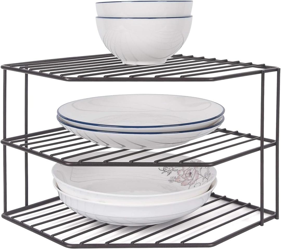 3-Tier Corner Shelf Counter and Cabinet Organizer - Steel Metal Wire - Rust Resistant - Plates, Dishes, Cabinet & Pantry Organizer - Kitchen Organization (10 x 7.5 Inch)(Black)