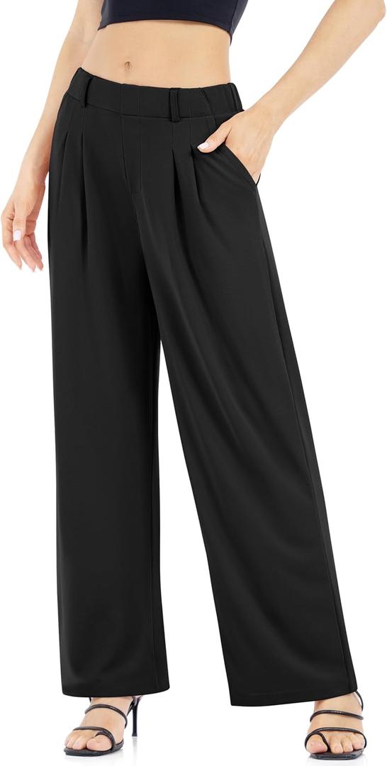 Womens Waffle Wide Leg High Waisted Palazzo Pants Casual Work Beach Lounge Trousers with Pockets (Small, Black)
