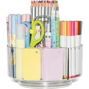 JIKIOU Acrylic Pen Holder, 360-Degree Rotating Pen Holder for Desk, Clear Desk Organizers and Accessories with 5 Compartments Pencil Organizer, Art Supply Storage Box Caddy for Office, Home