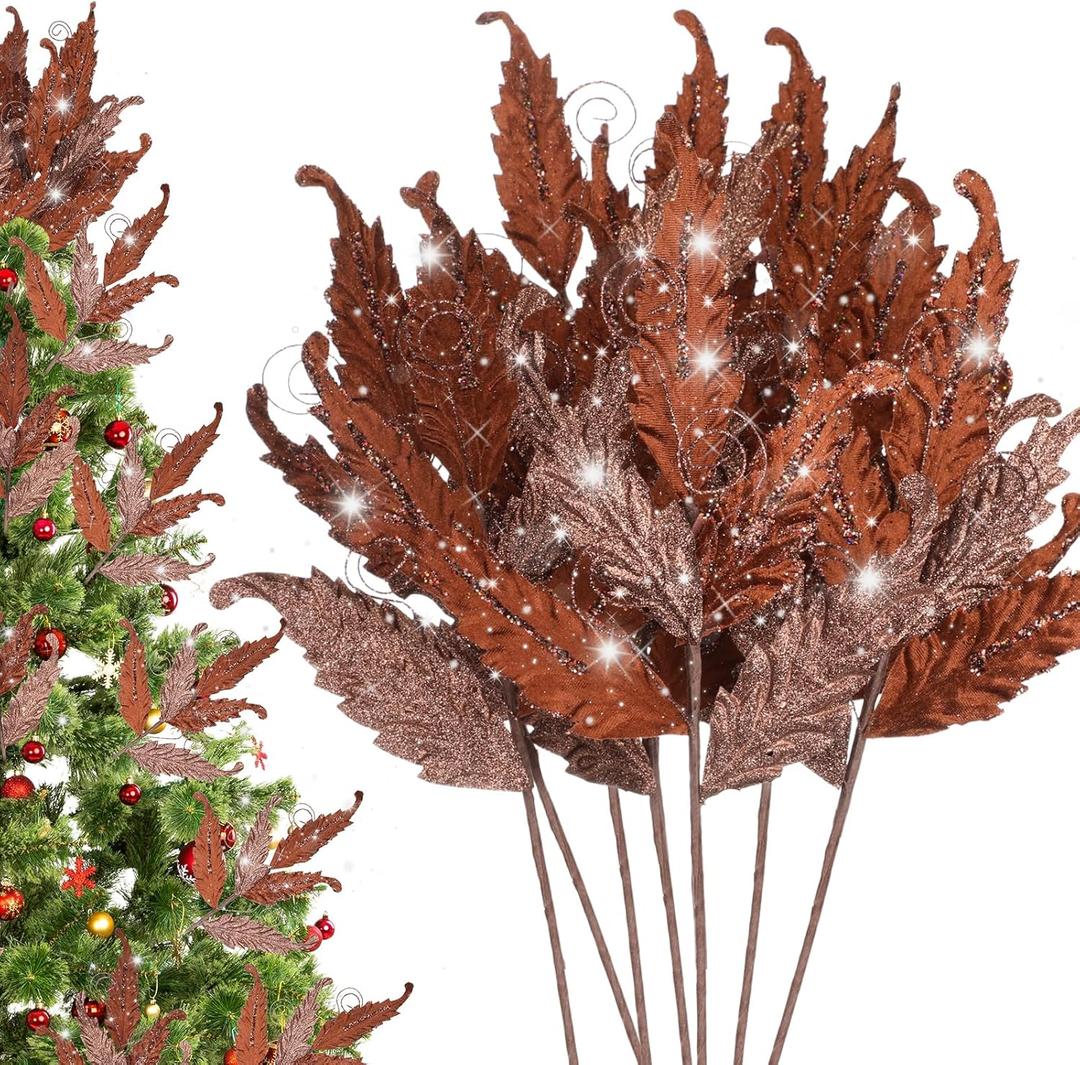 HyDren 10 Pcs Christmas Glitter Leaves Large Ornaments for Christmas Tree Picks Sprays Artificial Stems Branches Twigs Sprigs Floral for Xmas Tree Wreath Garland Vase DIY Decor(Brown)