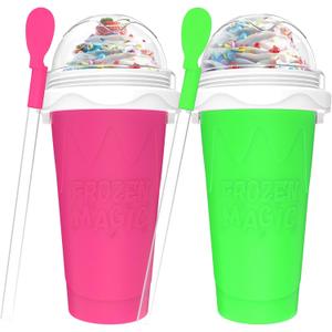 2PCS Slushie Maker Cup, Quick Frozen Magic Cups for Homemade Milk Shake Ice Cream Maker, Double Layer Squeeze Slushy Maker Cup, Birthday Gifts for Kids,Friends,Family (Green+Pink)