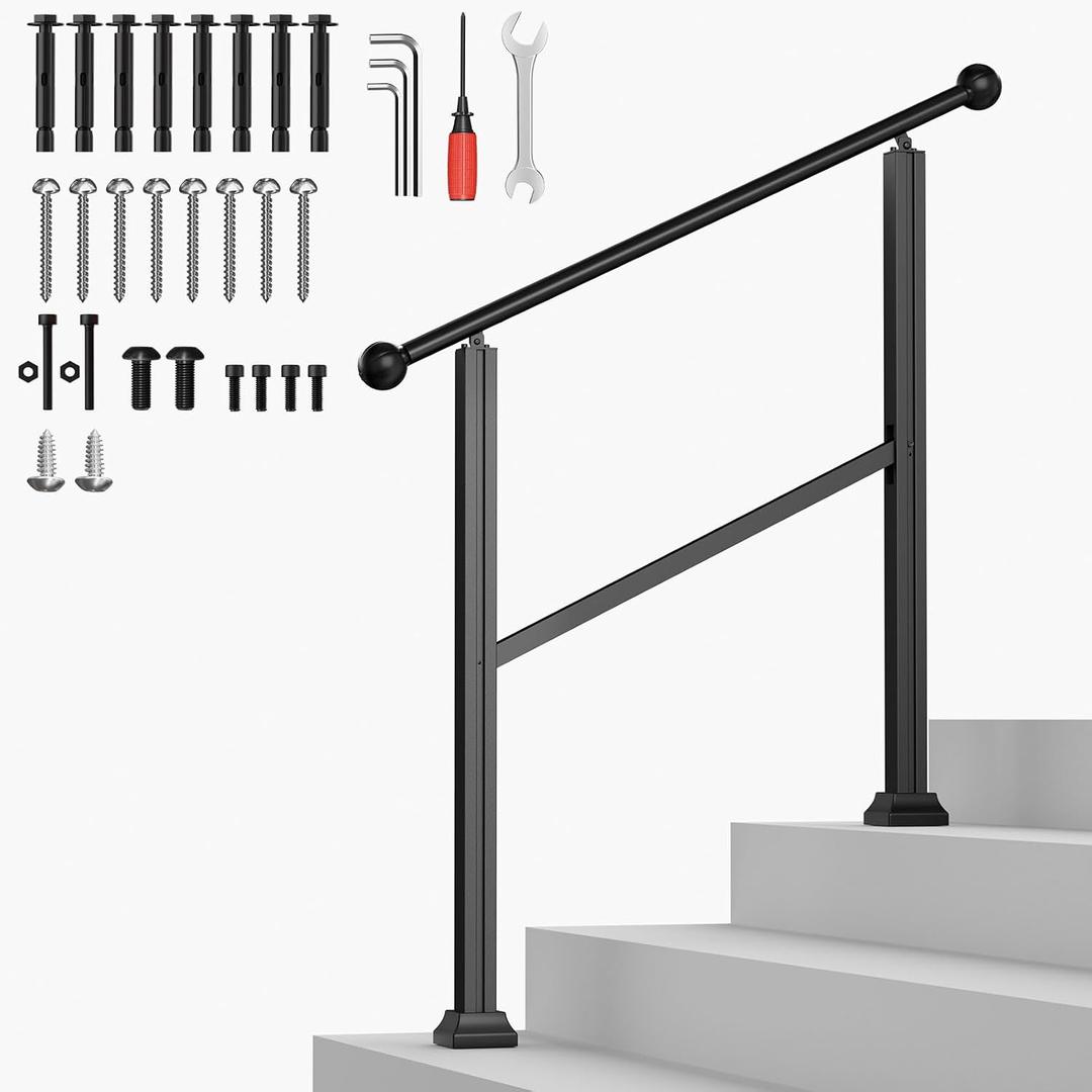 Hand Rails for Outdoor Steps, Heavy Duty 3 Steps Handrails Stair Railing Kit for Indoor & Outdoor Installation, Adjustable Height & Sturdy Porch Railing for Balcony, Porch, Deck