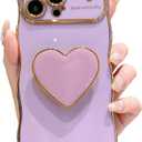 Compatible with iPhone 16 Pro Heart Holder case, Cute Wave Frame Curly Shape with Love Heart Kickstand Raised Camera Protection Cover Luxury Plating Shockproof Phone Case (Purple, For iPhone 16 Pro)