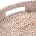 Coffee Table Tray Round Rattan Ottoman Tray Woven Serving Trays with Handles for Home and Kitchen Decorative Whitewash (Large 16.9 inch)